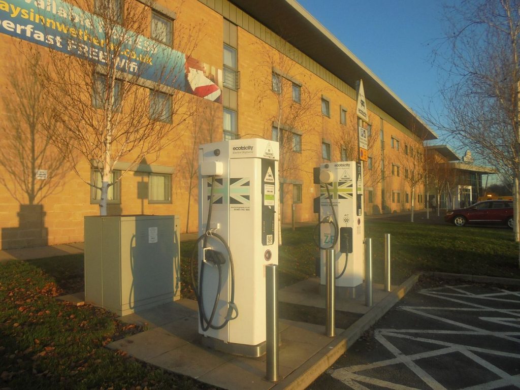 An electric car plugged into a charging station